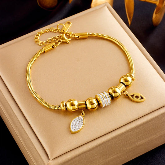 316L Stainless Steel New Fashion Fine Jewelry Embed Dazzling Zircon Beaded Eye Leaf Charm Thick Snake Chain Bracelets For Women