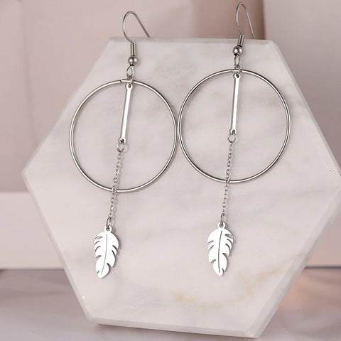 Stainless Steel Earrings Classic Feather Exaggerated Geometric Big Circle Stick Tassel Pendants Earrings For Women Jewelry Gifts