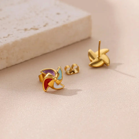 Luxury Multicolor Windmill Earrings For Women Stainless Steel Rainbow Lucky Piercing Stud Ear 2024 New Fashion Cute Jewelry Gift