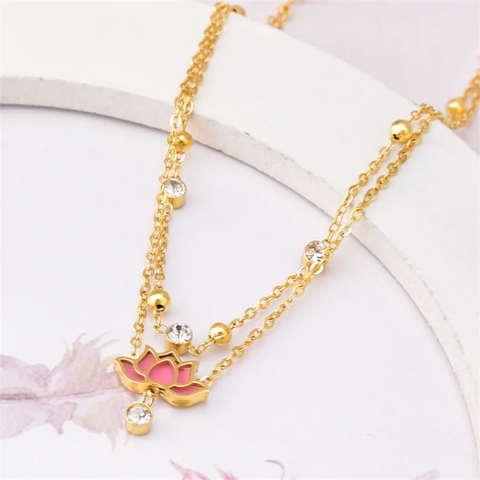 316L Stainless Steel New Fashion Upscale Jewelry 2-layer Zircon Pink Spray Paint Lotus Flowers Charm Chain Anklets For Women