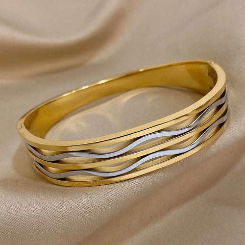 ALLYES Unique Design Two Tone Wave Stainless Steel Bracelet for Women Fashion Waterproof Gold Silver Color Bangles Charm Jewelry