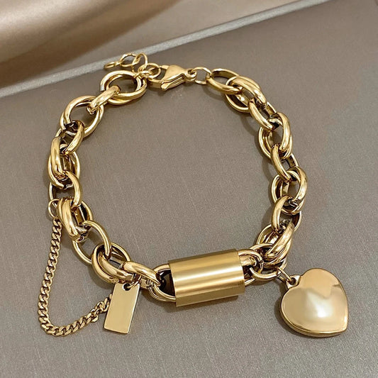 AENSOA Punk Chunky Double Thick Chain Stainless Steel Bracelets for Women Fashion Golden Heart Love Buckle Pendant Wrist Jewelry