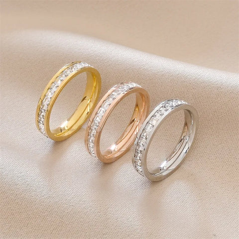 1 and 2 Rows Stones Ring for Women Quality Silver Rose Gold Color Stainless Steel Wedding Ring