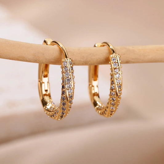 Luxruy Zircon Hoop Earrings For Women Stainless Steel Gold Color Round Hoops Earrings 2024 Trend Wedding Jewelry Freeshipping