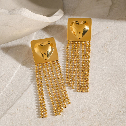 Uworld Square Stainless Steel Heart Long Tassel Dangle Earrings for Women Waterproof Metal Fashion Drop Charms Golden Jewelry