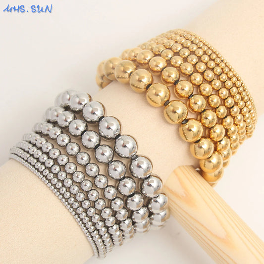 MHS.SUN Fashion Waterproof Smooth Stainless Steel Bracelets 2-10mm Elastic Beaded Gold Plated Stackable Bracelet Women Jewelry