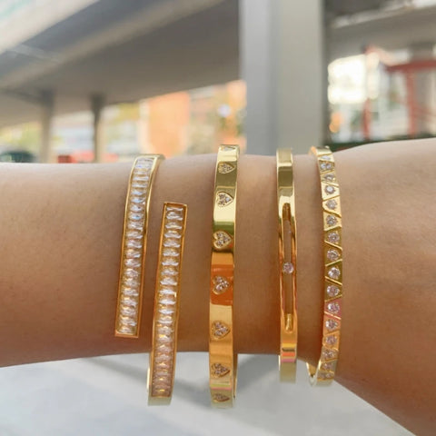 ZALMAN Love Heart Rhinestone Thin Bangle Geometry U Bracelet Gold Color Stainless Steel Bangle for Women Classic Brand Jewelry