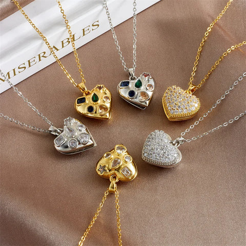 Stainless Steel Chain Classic Shiny Zircon Heart Pendant Necklace for Women Lady Vintage Jewelry Accessories Gifts