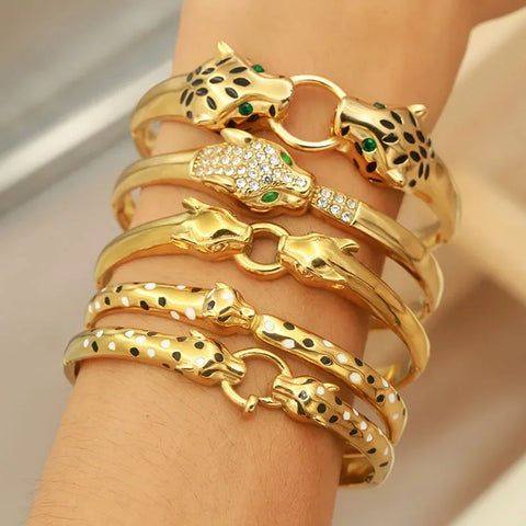 Classic Stainless Steel Crystal Leopard Bangles for Women Vintage Animal Bracelets Rust-proof Wrist Jewelry Gift Party