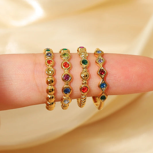 WILD & FREE Luxury Colorful Crystal Stainless Steel Rings for Women Vintage Chic Exquisite Open Ring Tarnish Free Jewelry