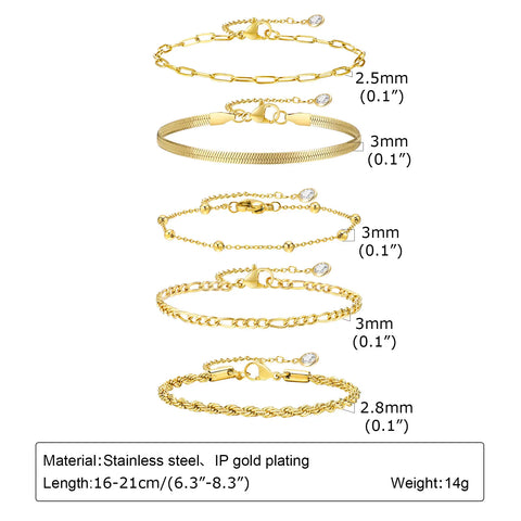 Gold Plated Bracelets Set for Women, 5pcs Chain Link Stainless Steel Statement Bracelet Stackable Layered Jewelry Adjustable