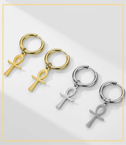 Skyrim Egypt Ankh Cross Drop Earrings Women Gold Color Stainless Steel Dangle Earrings Amulet Crucifix Egyptian Jewelry Gift