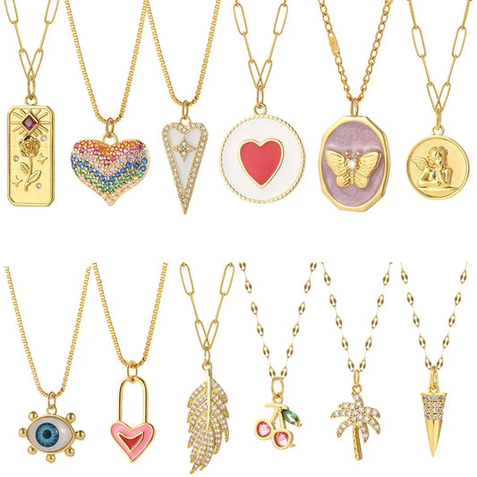 Heart Flower Plant Butterfly Necklace for Women Cute Angel Evil Blue Eye Gold Color Pendant Collars Long Stainless Steel Chains