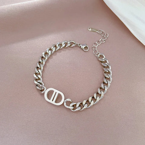 New Design Gold Color Metal Letter D Bracelets for Women Men Thick Link Cuban Stainless Steel Chian Jewelry