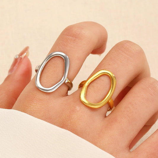 Stainless Steel Hollow Ring for Women Gold Color Geometric Oval Rings Opening Female Jewelry Simple Accessories Silver Color