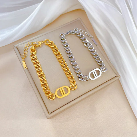 New Design Gold Color Metal Letter D Bracelets for Women Men Thick Link Cuban Stainless Steel Chian Jewelry