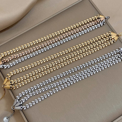 Greatera Trendy Tricolor Stainless Steel Layered Leaf Chain Bracelets for Women Gold Plated Metal Bracelet Waterproof Jewelry