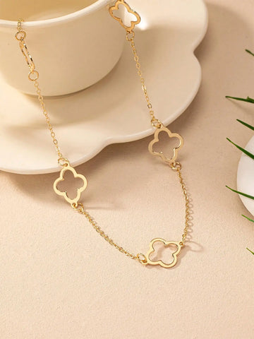 1 piece of popular luxury simple stainless steel gold lucky four-leaf flower hollow necklace women's fashion jewelry gift