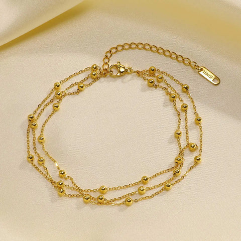 18k Gold Plated Stainless Steel Layered Chain With Beaded Anklet Bracelet for Women