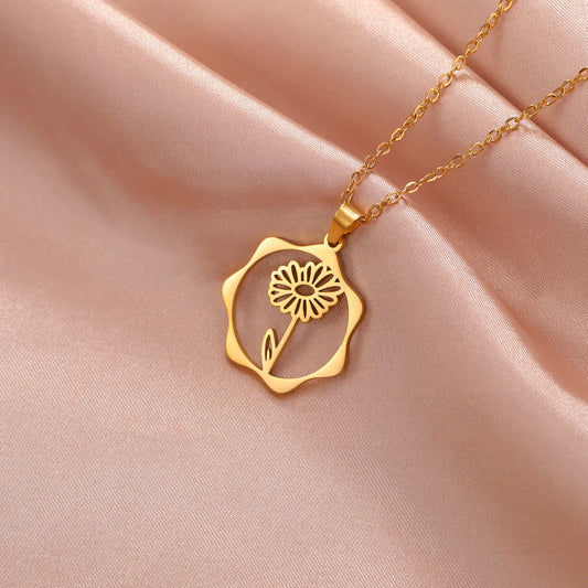 Skyrim Birth Flower Necklace Stainless Steel Gold Color Snowdrop Daisy Cosmos Iris Birth Month Floral Pendant Jewelry Gift