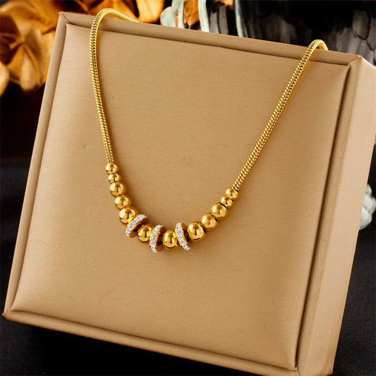 316L Stainless Steel New Fashion Fine Jewelry Zircon Gradual Size Bead Charm Thick Snake Chain Choker Necklace Pendant For Women