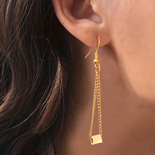 Stainless Steel Earrings Geometric Square Pendant Long Tassel Chain Korean Fashion Simplicity Dangle Earrings For Women Jewelry