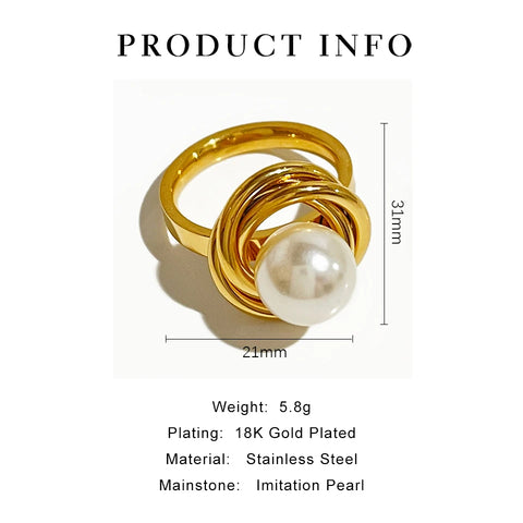 Peri'sbox Elegant Stainless Steel Wire Wrapped Faux Pearl Ring Women Classic Gold Pvd Plated Waterproof Rings Birthday Gifts