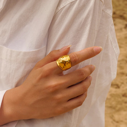 Uworld Vintage Medium Right Geometric Wide Stainless Steel Gold Color Ring Waterproof Fashion Minimalist Statement Jewelry Wome