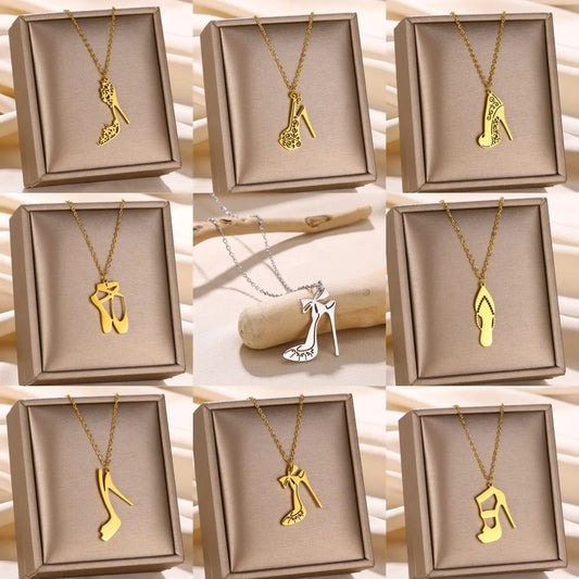 Stainless Steel Pendant Necklace For Women Aesthetic Cute Hollow Women's high heels Necklaces Gold Color Chain Jewelry Gift New