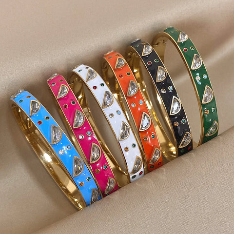 Flashbuy Stainless Steel Inlay Geometric Zircon White Enamel Bracelet Bangle For Women Statement New Design Waterproof Jewelry