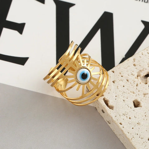 Luxury 14K Gold Plated Stainless Steel Rings Finger Party Wedding Jewelry Wide Evil Eyes Rings Engagement Rings for Women