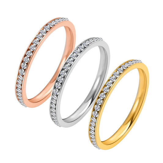 2mm Iced Out Cubic Zirconia Ring Female Gold Silver Color Stainless Steel Wedding Rings for Women Fashion Jewelry Gift