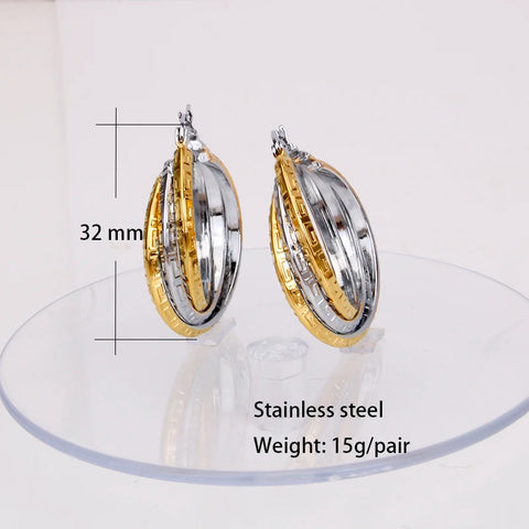 Hgflyxu Stainless Steel Earrings for Women Gold with Silver Color Luxury Hoops Multilayer Ear Jewelry Lady Gift  New