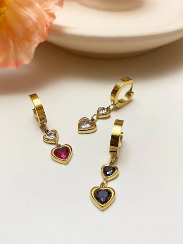 Peri'sbox Waterproof Stainless Steel 18K Gold Pvd Plated Cz Zircon Double Heart Drop Earrings Jewelry Women Valentine's Day Gift