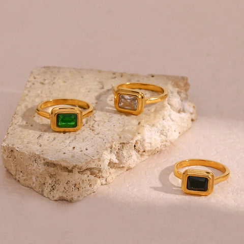 2023 Summer Holiday Single Item Square Sugar Green Black Zircon Signet Rings For Woman Stainless Steel Gemstone Rings