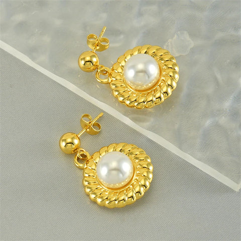 316L Stainless Steel 2024 New Fashion Fine Jewelry French Embed Pearls Circular Sunflower Gear Pattern Stud Earrings For Women