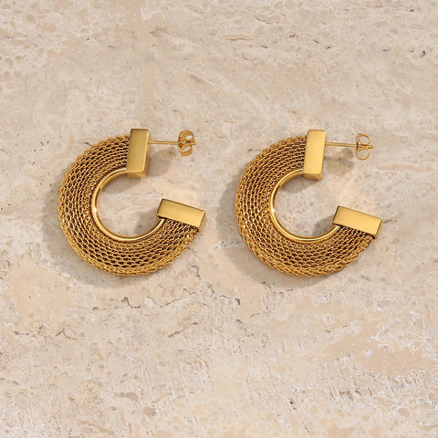 Exaggerated Flat Mesh CC Earrings Statement Stainless Steel 18K Gold Plated Waterproof Earrings for Women Party Jewelry