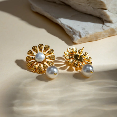 Stainless Steel 18K Gold Plated Sunflower White Imitation Pearl Pendant Earrings Statement Stylish Waterproof Jewelry Women