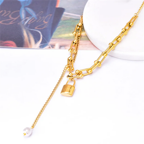 316L Stainless Steel New Fashion Fine Jewelry Lovers Lock U-Shaped Pearl Tassels Charms Chain Choker Necklaces Pendant For Women