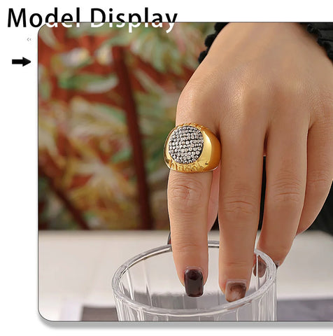 Luxury Shiny Rhinestones Beautiful Rings for Women Gold Plated Waterproof Stainless Steel Ring Exaggerate Finger Jewelry Gift