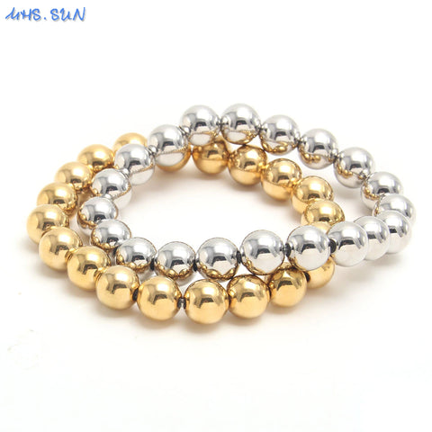 MHS.SUN Fashion Waterproof Smooth Stainless Steel Bracelets 2-10mm Elastic Beaded Gold Plated Stackable Bracelet Women Jewelry