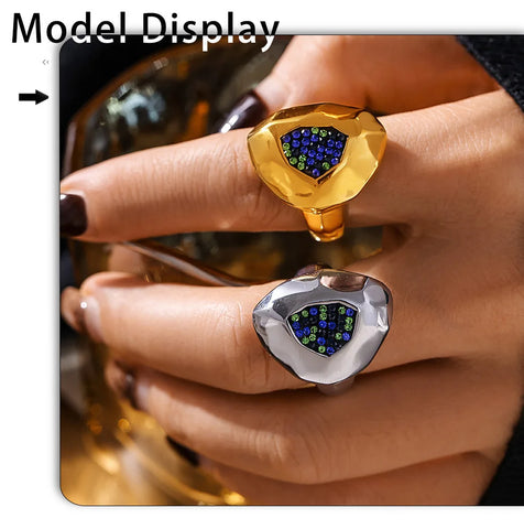 Fashion Stainless Steel Rings For Women Cystal Inlaid Exaggerate Wedding Party Index Rings Gold Plated Waterproof Jewelry