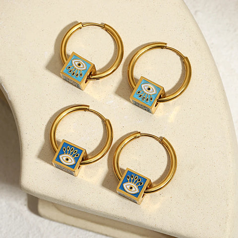 Greatera 18K Gold Plated Stainless Steel Enamel Evil Eye Cube Beads Hoop Earrings for Women Multicolor Waterproof Jewelry 2024