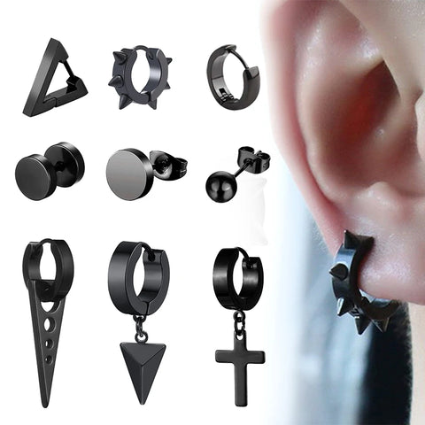 1 Pair Punk Black Multiple Styles Stainless Steel Stud Earrings For Men and Women Street Pop Hip Hop Gothic Ear Jewelry