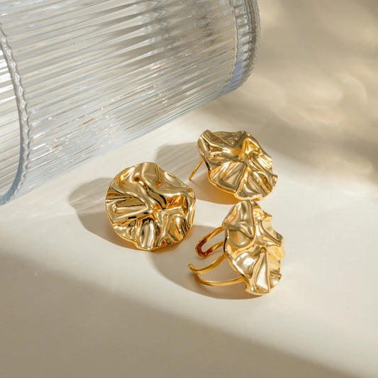 Stainless Steel Metal Rust Proof New Trendy Personality Round Ring/Earring Set Statement Stylish Waterproof Jewelry Women