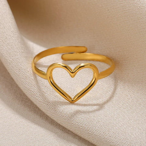 Stainless Steel Hollow Heart Open Rings For Women Aesthetic Gold Color Wedding Engagement Ring Waterproof Jewelry Free Shipping