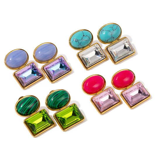 Uworld Stainless Steel Cubic Zirconia Natural Stone Turquoise Malachite Drop Dangle Earrings High Quality Delicate Bling Jewelry