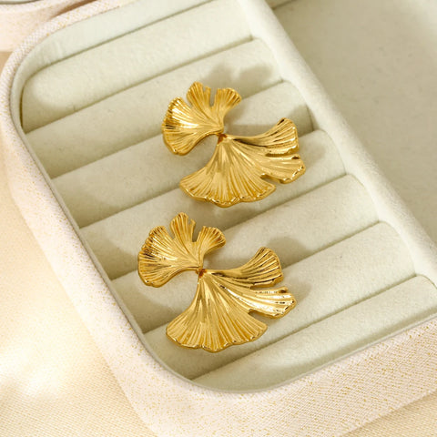 New Stainless Steel Big Ginkgo Leaf Drop Dangle Earrings Waterproof 16K Gold Color Charm Metal Statement Large Party Jewelry