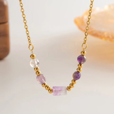 2023 New Waterproof Gold Color Stainless Steel Pendant Necklace for Women Tarnish Free Amethyst Necklace Design