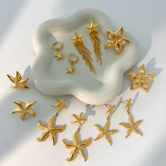 18K Gold Plated Summer Sea Ocean Series Vintage Starfish Pendant Earrings Stainless Steel Statement Waterproof Jewelry Women